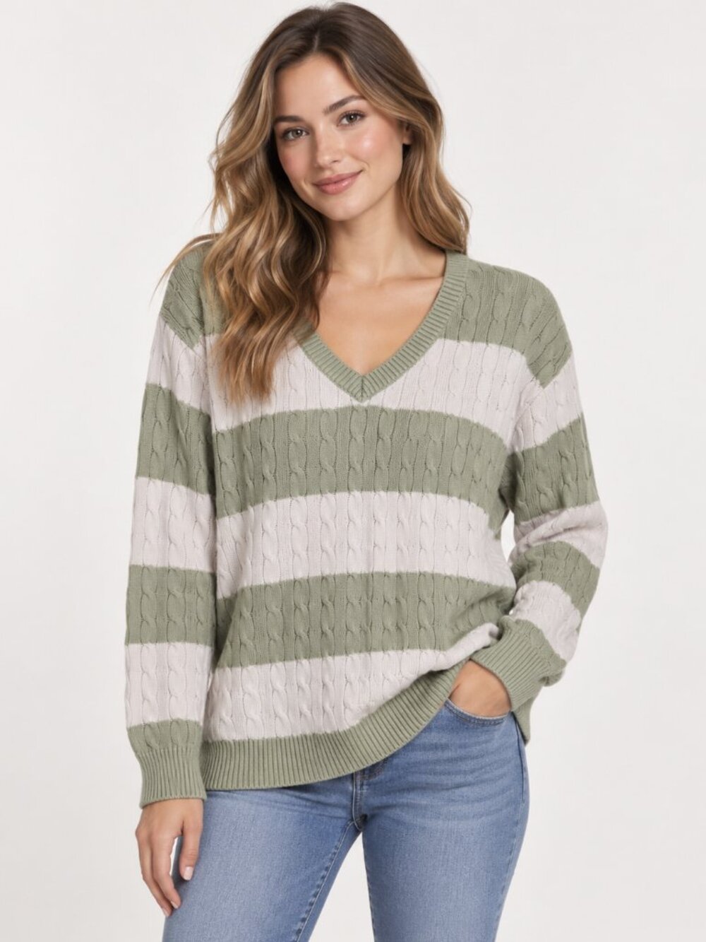 John Galt California Sage Green White Cable Knit Striped V-Neck Sweater M